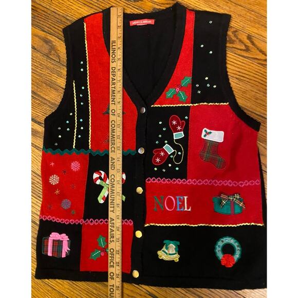 Vintage Christmas Ugly Sweater Cardigan Appliqué Jewels Women M/L Merry & Bright - Picture 4 of 6